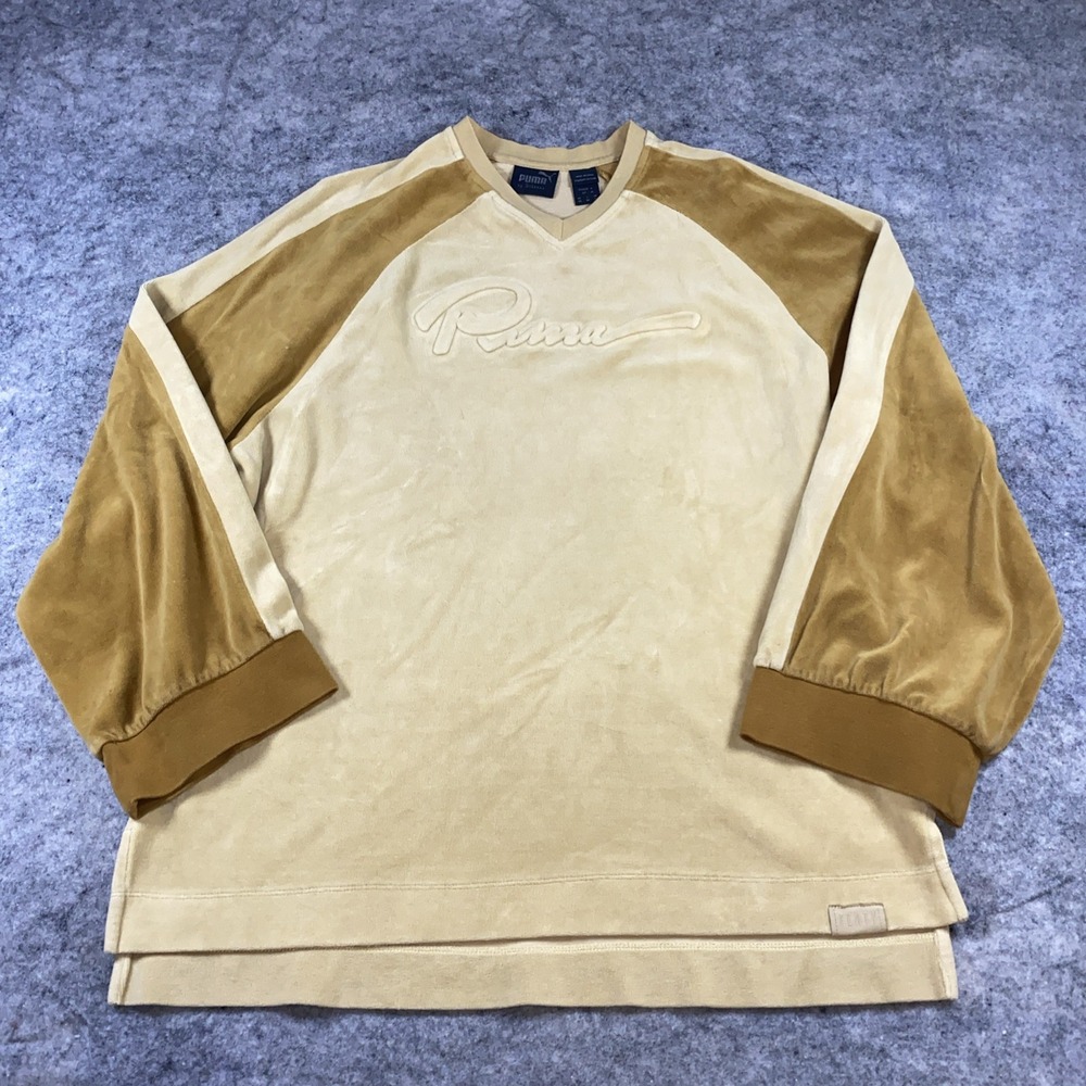 Puma Fenty Rihanna Pullover Sweater Women's Small Tan Velour Oversized V-Neck